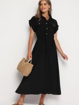 Czarna Wiskozowa Rozkloszowana Sukienka z Gumką w Talii Ozdobiona Guzikami Lemvia rosa