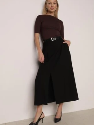 Czarna Wiskozowa Spódnica o Rozkloszowanym Kroju z Rozcięciem i Paskiem Jaelia elsa.m by may
