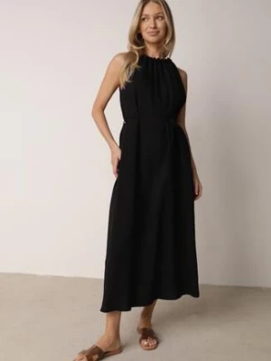 Czarna Wiskozowa Sukienka Bez Rękawów z Warkoczowym Splotem przy Dekolcie Shirineli cflo