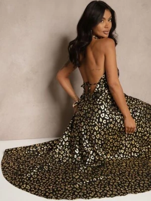 Czarna Wiskozowa Sukienka Halter Zdobiona Metalicznym Nadrukiem w Panterkę Linaruna rosa