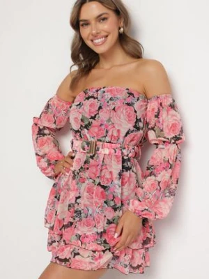 Czarna Wiskozowa Sukienka Hiszpanka z Falbanami i Paskiem w Kwiaty Virmoi lovery