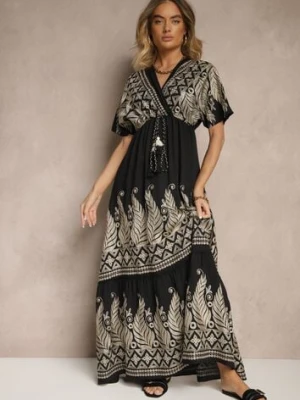 Czarna Wiskozowa Sukienka Kopertowym Dekoltem i Frędzlami Redevie rosa