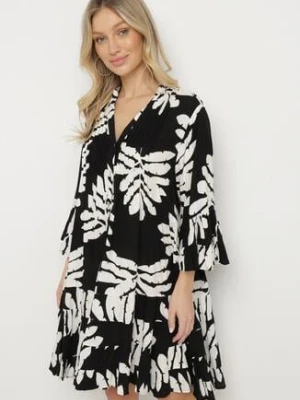 Czarna Wiskozowa Sukienka Koszulowa Ozdobiona Falbankami w Liście Edivonia fashion