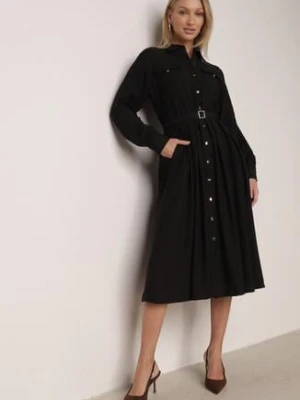 Czarna Wiskozowa Sukienka Koszulowa z Paskiem Andranassa