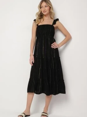 Czarna Wiskozowa Sukienka na Ramiączkach Zdobiona Metaliczną Nicią Iffrisse rosa