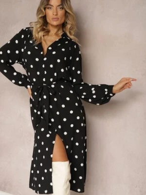 Czarna Wiskozowa Sukienka o Koszulowym Fasonie w Kropki z Paskiem i Kieszeniami Liliea unigirl