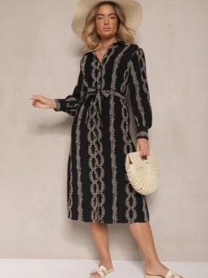 Czarna Wiskozowa Sukienka o Koszulowym Kroju z Haftem i Wiązanym Paskiem Salliene unigirl