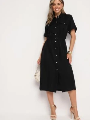 Czarna Wiskozowa Sukienka o Koszulowym Kroju z Paskiem Nelavyn unigirl
