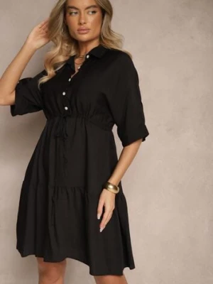 Czarna Wiskozowa Sukienka o Koszulowym Kroju z Wiązaniem w Talii Nanovias cflo