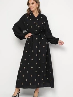 Czarna Wiskozowa Sukienka o Kroju Oversize z Ozdobnym Haftem Naleniel maja studio