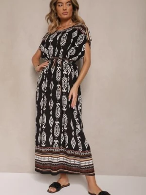 Czarna Wiskozowa Sukienka o Pudełkowym Kroju w Etniczny Print Miriliana j&x