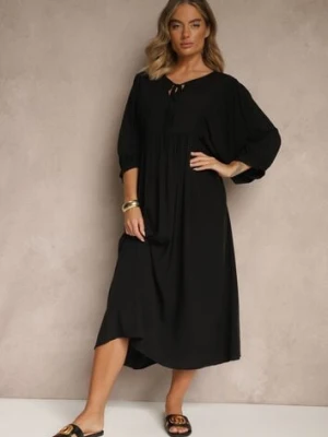 Czarna Wiskozowa Sukienka o Rozkloszowanym Kroju Wiązana przy Dekolcie Tilvessa h&s