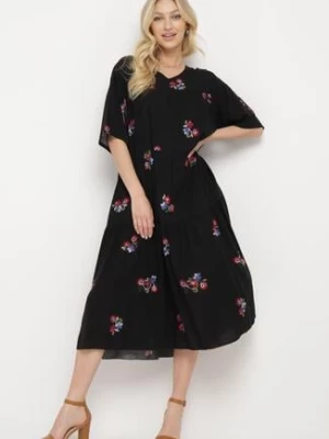 Czarna Wiskozowa Sukienka o Rozkloszowanym Kroju z Krótkim Rękawem Givinia j&x