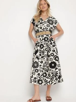 Czarna Wiskozowa Sukienka o Rozkloszowanym Kroju z Ozdobnym Paskiem z Klamrą Zarolena rosa