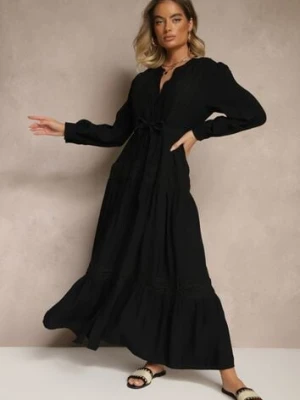 Czarna Wiskozowa Sukienka o Rozkloszowanym Kroju z Wiązanym Paskiem i Koronką Reisavien unigirl