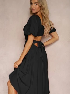 Czarna Wiskozowa Sukienka o Rozkloszowanym Kroju z Wycięciem na Plecach i Wiązaniem Dimiella