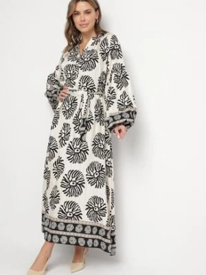 Czarna Wiskozowa Sukienka Oversize w Etniczny Wzór z Wiązanym Paskiem Florseki maja studio