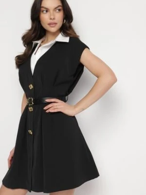 Czarna Wiskozowa Sukienka Rozkloszowana z Koszulowym Kołnierzykiem i Paskiem Aluella elsa.m by may
