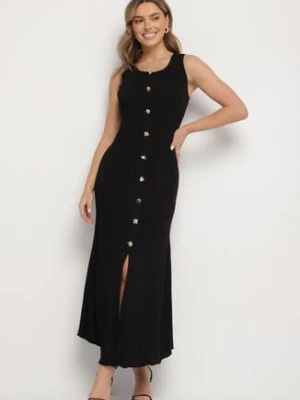 Czarna Wiskozowa Sukienka Sweterkowa z Ozdobnymi Guzikami Lunarelle elsa.m by may