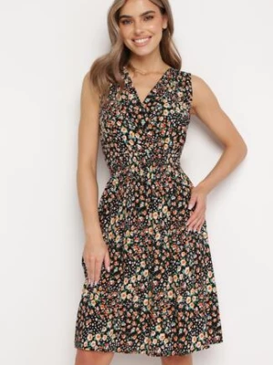 Czarno-Żółta Wiskozowa Sukienka w Kwiaty z Kopertową Górą Nervila cflo