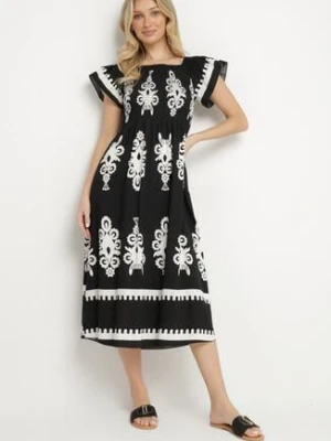 Czarna Wiskozowa Sukienka w Ornamentalne Wzory o Rozkloszowanym Kroju Divessa j&x