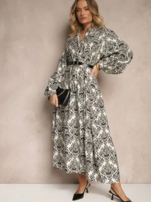 Czarna Wiskozowa Sukienka w Ornamentalny Wzór o Rozkloszowanym Kroju Gonalia maja studio