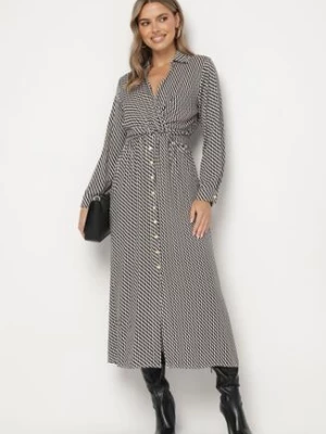 Czarna Wiskozowa Sukienka w Pepitkę z Kopertowym Dekoltem i Gumkami w Pasie Vaivira rosa