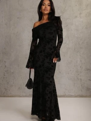 Czarna Wizytowa Sukienka VICES Off Shoulder z Kwiatowym Wzorem z Weluru Adrakharei