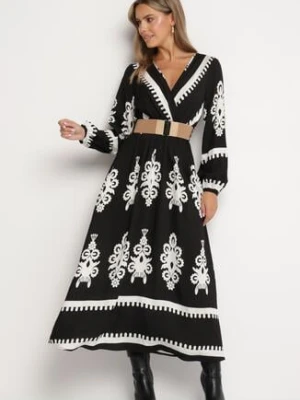 Czarna Wzorzysta Sukienka z Wiskozą o Kopertowym Kroju z Gumką w Talii i Paskiem Tifirae rosa