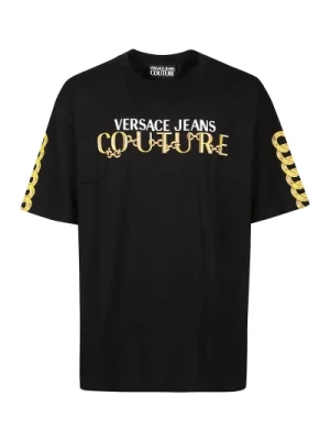 Czarna/Złota Koszulka z Logo i Łańcuchem Versace Jeans Couture