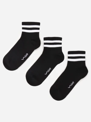 Czarne 3-Pack Skarpety z Bawełny Zdobione Paskami przy Ściągaczu Fardrei Vico