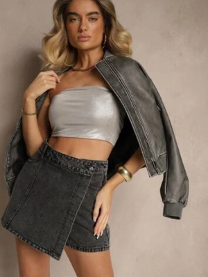 Czarne Asymetryczne Spódnico-Szorty Jeansowe Zdobione Przeszyciami Lisanithra by may