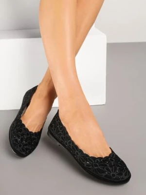 Czarne Ażurowe Balerinki Vices z Haftem w Kwiaty Efasania