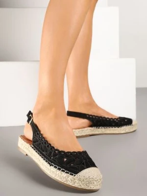 Czarne Ażurowe Sandały Płaskie w Stylu Espardyli z Odkrytą Piętą i Plecionką Norilne ideal