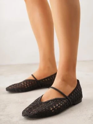 Czarne Ażurowe Balerinki z Imitacji Plecionki z Paskiem Naeraea
