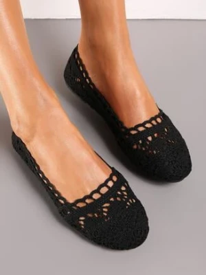 Czarne Ażurowe Balerinki z Koronką Ziel