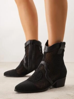 Czarne Ażurowe Botki Kowbojki z Haftem na Niskim Obcasie Typu Stożek Bertolina c&l fashion