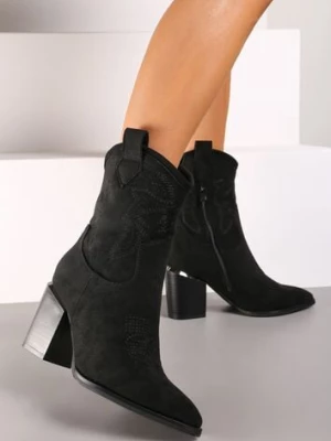 Czarne Ażurowe Botki na Słupku w Kowbojskim Stylu Mevith