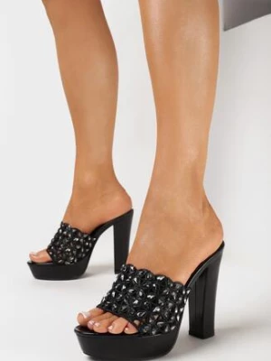 Czarne Ażurowe Klapki na Słupku i Platformie z Cyrkoniami Afertia