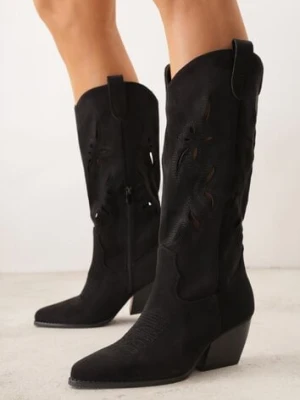 Czarne Ażurowe Kozaki Kowbojki na Obcasie typu Stożek Tidrina tulipano