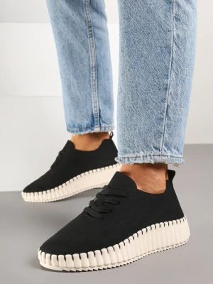 Czarne Ażurowe Sneakersy na Grubej Podeszwie z Tłoczeniem Ronele Super Mode
