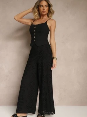 Czarne Ażurowe Spodnie z Bawełny High Waist o Szerokim Kroju Evinassa rosa