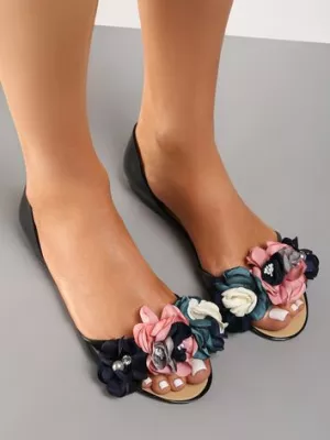 Zdjęcie produktu Czarne Balerinki Meliski Peep Toe z Kwiatową Aplikacją Idalina