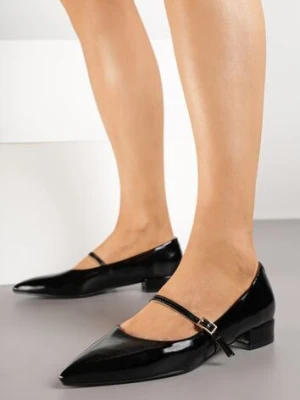 Czarne Balerinki Lakierowane Vices z Wkładką ze Skóry Naturalnej Ozdobione Paskiem Tikkie