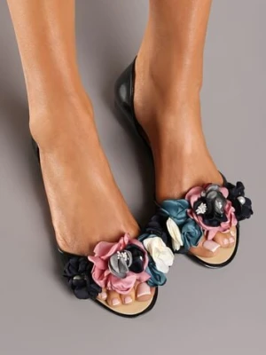 Czarne Balerinki Meliski Peep Toe z Kwiatową Aplikacją Idalina