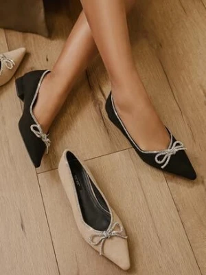 Czarne Balerinki na Płaskiej Podeszwie z Kokardą i Cyrkoniami Evalyra