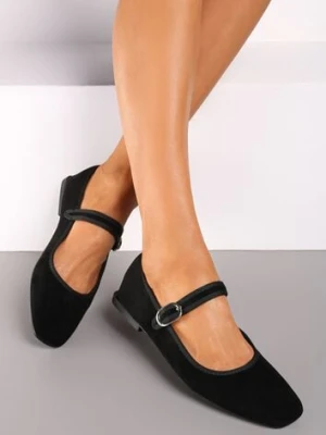 Czarne Balerinki o Kwadratowym Nosku w Stylu Mary Jane z Paseczkiem Naiva