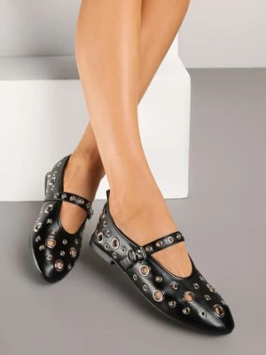 Czarne Balerinki Ozdobione Paskiem i Metalicznymi Aplikacjami Erathira ideal