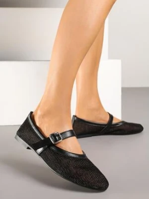 Czarne Balerinki Siateczkowe Vices z Metalicznym Połyskiem i Paskiem z Klamrą Kolanissa
