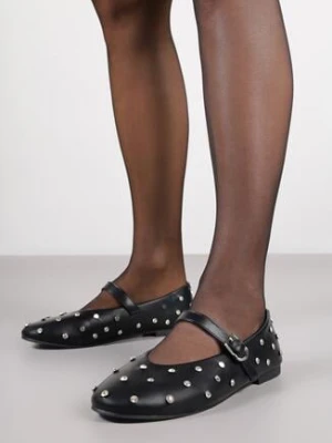 Czarne Balerinki Vices z Ćwiekami Paskiem z Klamerką i Skórzaną Wkładką Riletra